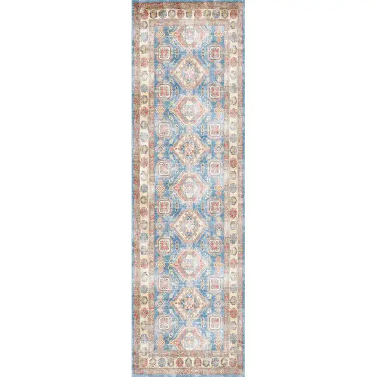 8' Ivory Red and Blue Oriental Distressed Non Skid Runner Rug Photo 1