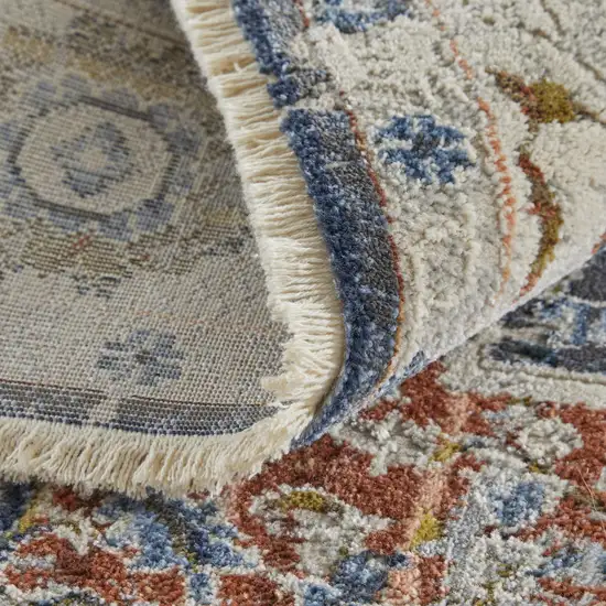 12' Ivory Red and Blue Oriental Power Loom Runner Rug With Fringe Photo 9
