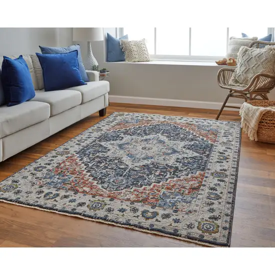 12' Ivory Red and Blue Oriental Power Loom Runner Rug With Fringe Photo 5