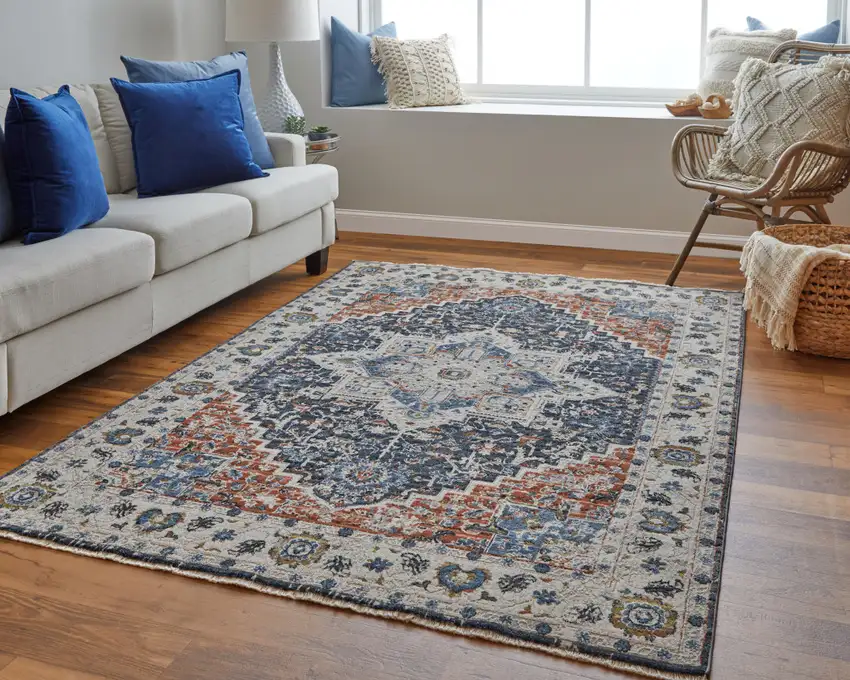 12' Ivory Red and Blue Oriental Power Loom Runner Rug With Fringe Photo 5