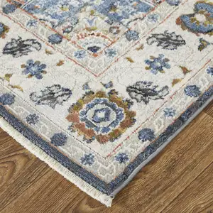 Photo of 12' Ivory Red and Blue Oriental Power Loom Runner Rug With Fringe