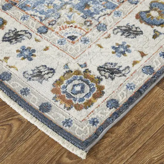 12' Ivory Red and Blue Oriental Power Loom Runner Rug With Fringe Photo 4