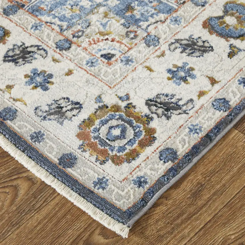 12' Ivory Red and Blue Oriental Power Loom Runner Rug With Fringe Photo 4