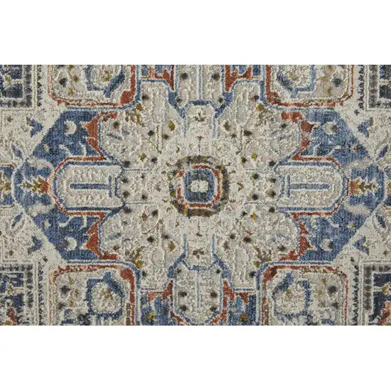 12' Ivory Red and Blue Oriental Power Loom Runner Rug With Fringe Photo 8