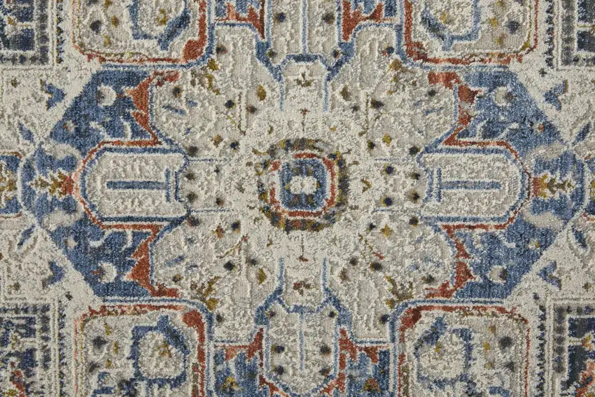 12' Ivory Red and Blue Oriental Power Loom Runner Rug With Fringe Photo 8