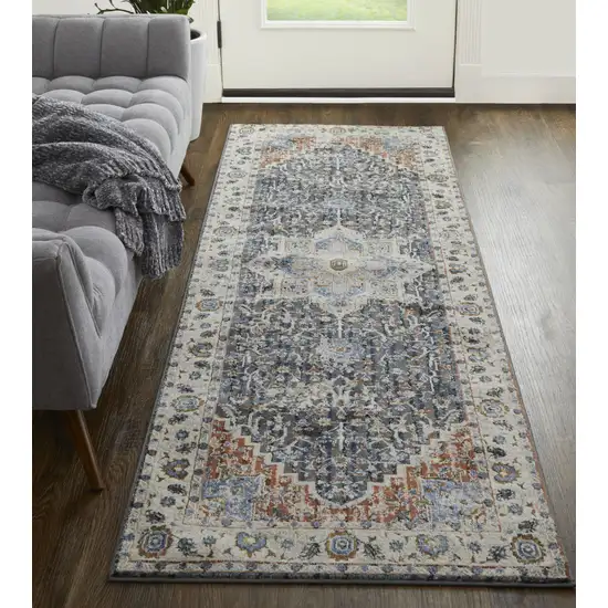 12' Ivory Red and Blue Oriental Power Loom Runner Rug With Fringe Photo 6