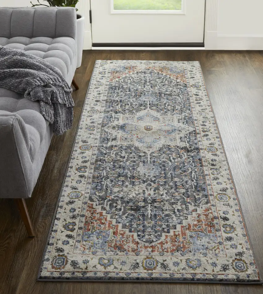 12' Ivory Red and Blue Oriental Power Loom Runner Rug With Fringe Photo 6