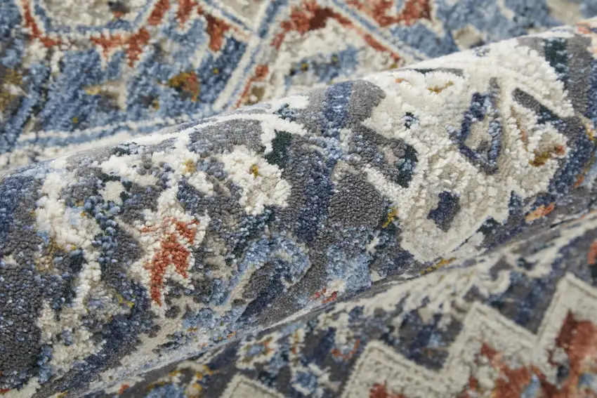 12' Ivory Red and Blue Oriental Power Loom Runner Rug With Fringe Photo 7