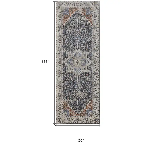12' Ivory Red and Blue Oriental Power Loom Runner Rug With Fringe Photo 3
