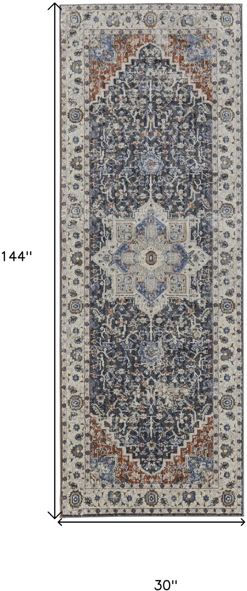12' Ivory Red and Blue Oriental Power Loom Runner Rug With Fringe Photo 3