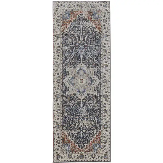 12' Ivory Red and Blue Oriental Power Loom Runner Rug With Fringe Photo 2