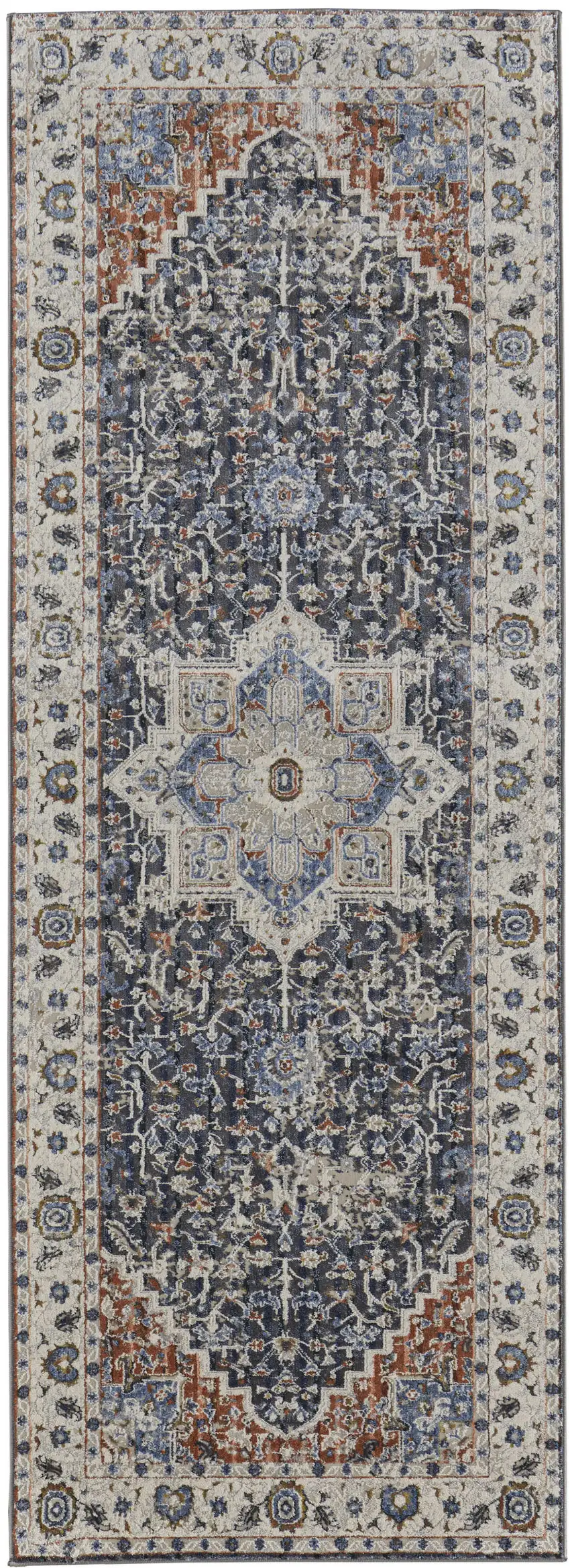 12' Ivory Red and Blue Oriental Power Loom Runner Rug With Fringe Photo 2