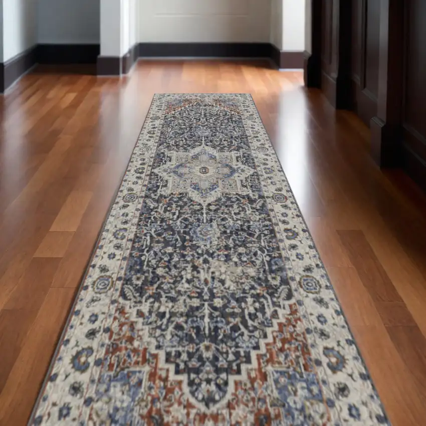 12' Ivory Red and Blue Oriental Power Loom Runner Rug With Fringe Photo 1