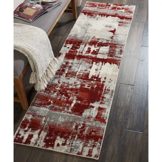 8' Ivory Red and Gray Abstract Non Skid Runner Rug Photo 4