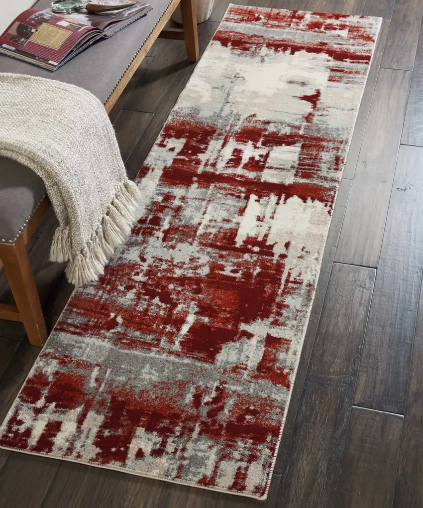 8' Ivory Red and Gray Abstract Non Skid Runner Rug Photo 4