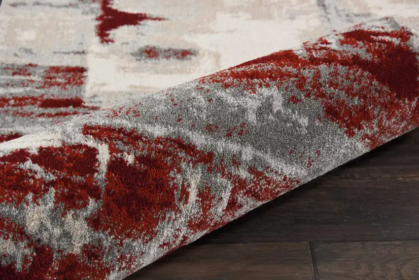 8' Ivory Red and Gray Abstract Non Skid Runner Rug Photo 7