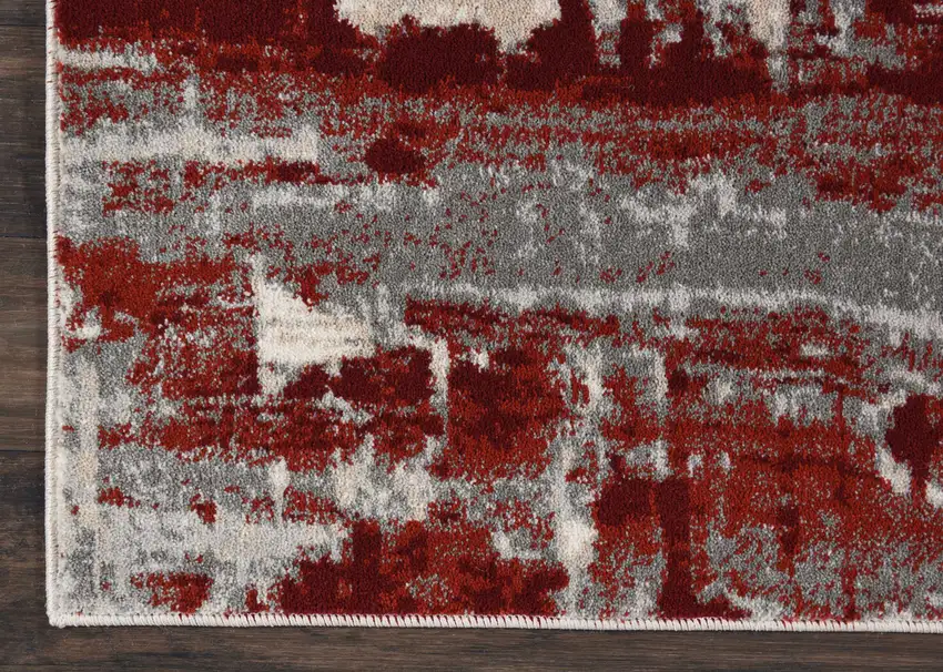 8' Ivory Red and Gray Abstract Non Skid Runner Rug Photo 9