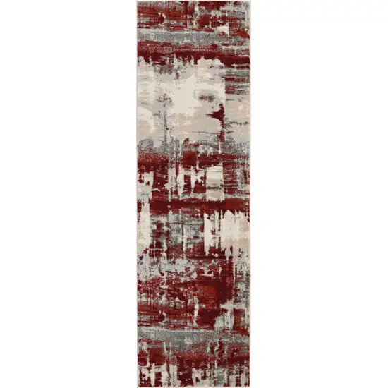 8' Ivory Red and Gray Abstract Non Skid Runner Rug Photo 3