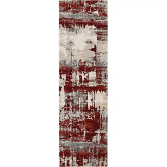 8' Ivory Red and Gray Abstract Non Skid Runner Rug Photo 6
