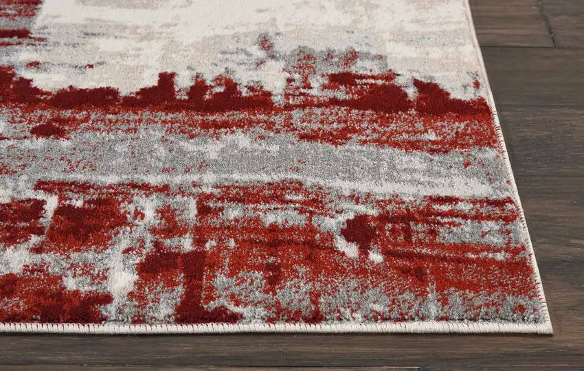 8' Ivory Red and Gray Abstract Non Skid Runner Rug Photo 8