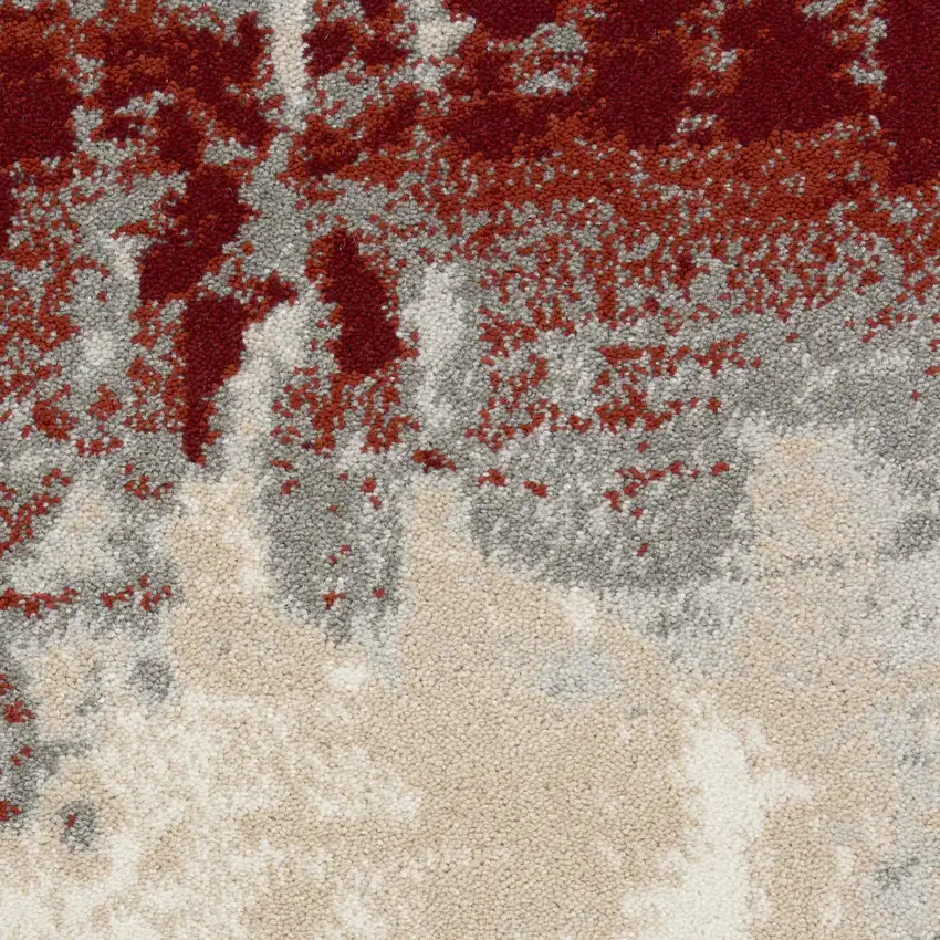 4' Ivory Red and Gray Abstract Round Rug Photo 8