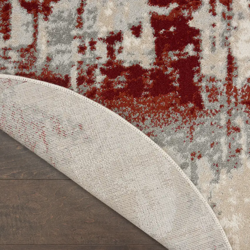 4' Ivory Red and Gray Abstract Round Rug Photo 8