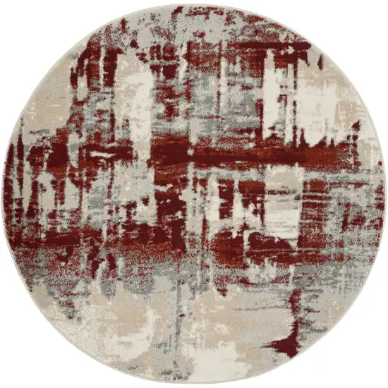 4' Ivory Red and Gray Abstract Round Rug Photo 1