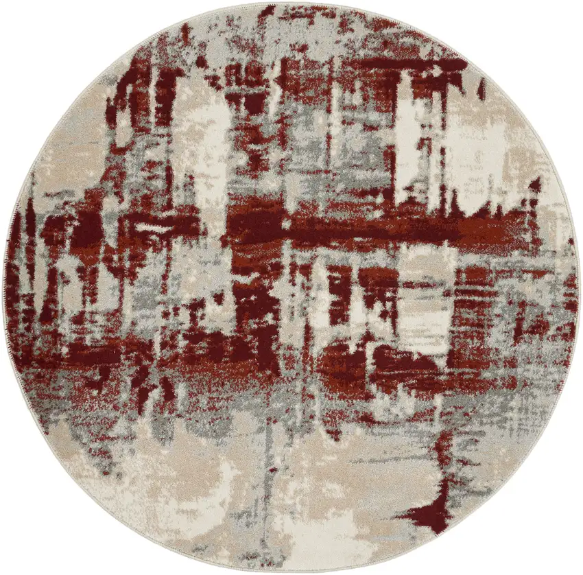 4' Ivory Red and Gray Abstract Round Rug Photo 1