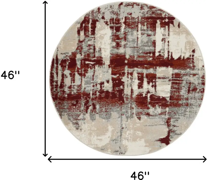 4' Ivory Red and Gray Abstract Round Rug Photo 3