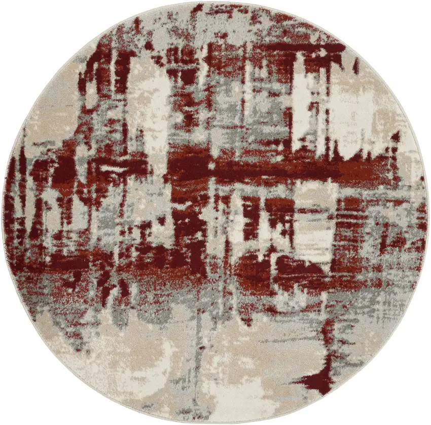 4' Ivory Red and Gray Abstract Round Rug Photo 2