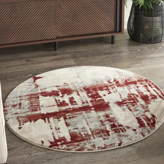 4' Ivory Red and Gray Abstract Round Rug Photo 3