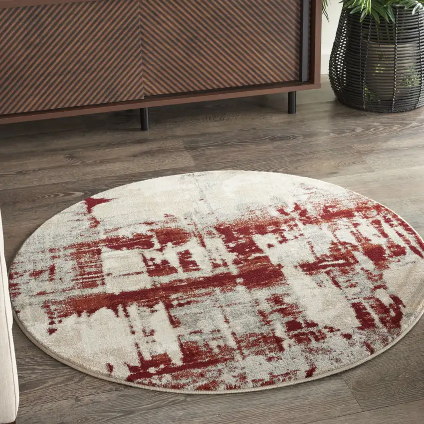 4' Ivory Red and Gray Abstract Round Rug Photo 3