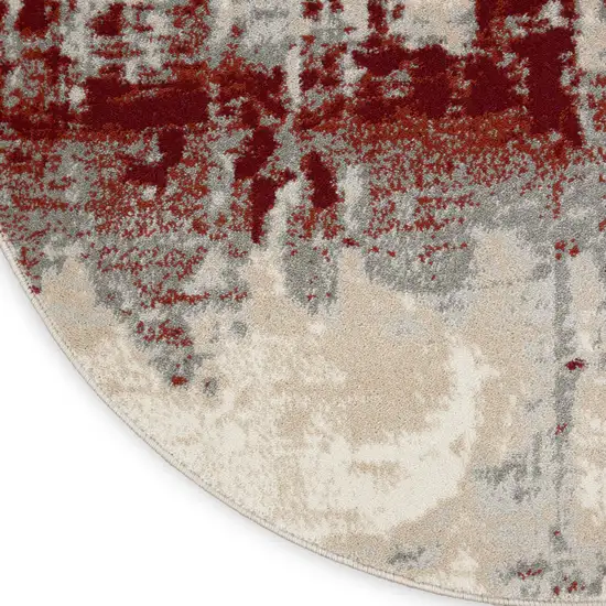 4' Ivory Red and Gray Abstract Round Rug Photo 6