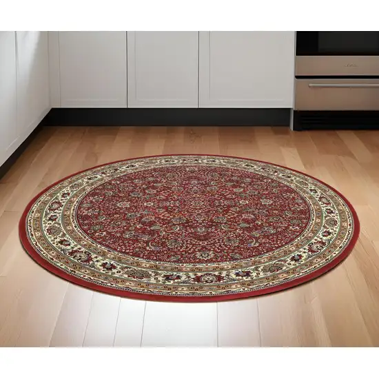 6' Ivory Red and Light Brown Oriental Round Rug Photo 1