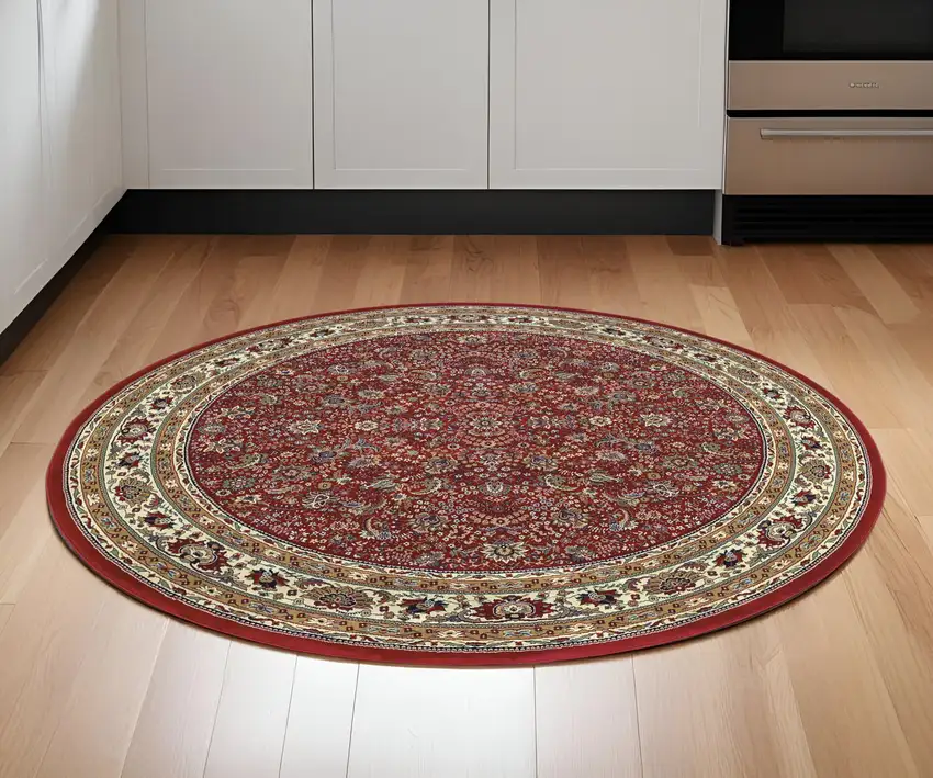 6' Ivory Red and Light Brown Oriental Round Rug Photo 1