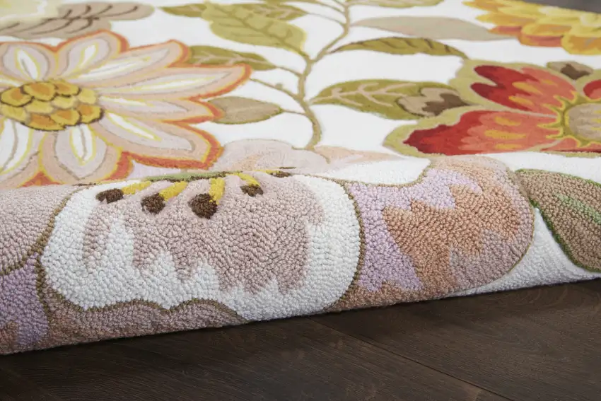 8' Ivory Red and Orange Botanical Leaves Runner Rug Photo 7