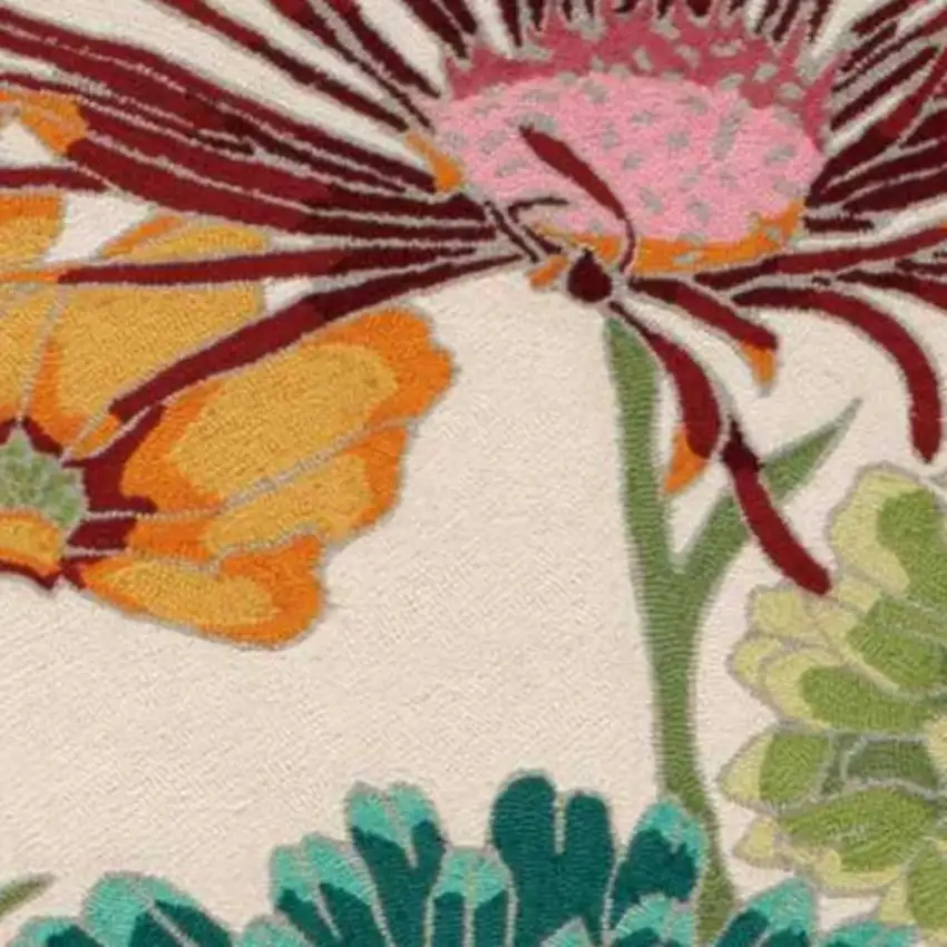 8' Ivory Red and Orange Floral Hand Carved Handmade Runner Rug Photo 2