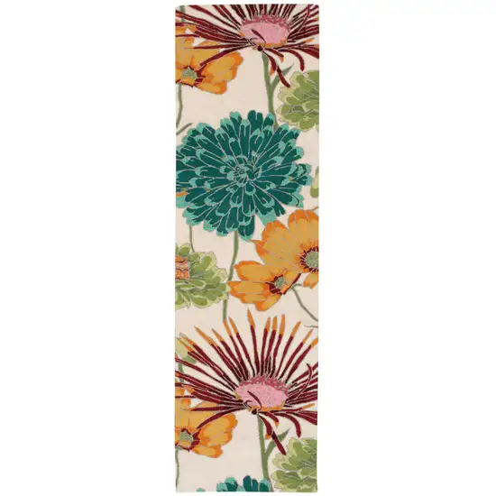 8' Ivory Red and Orange Floral Hand Carved Handmade Runner Rug Photo 1