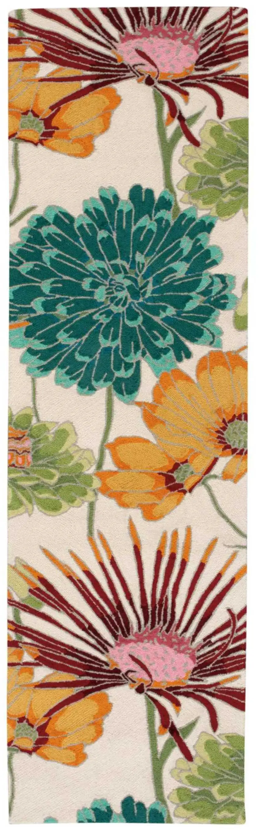 8' Ivory Red and Orange Floral Hand Carved Handmade Runner Rug Photo 1