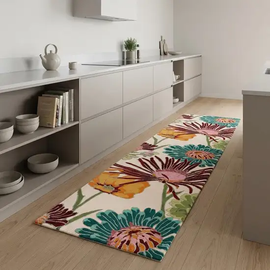 8' Ivory Red and Orange Floral Hand Carved Handmade Runner Rug Photo 1