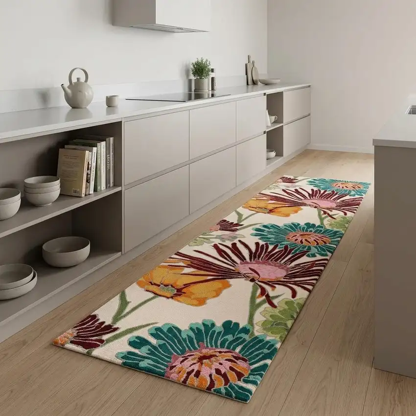 8' Ivory Red and Orange Floral Hand Carved Handmade Runner Rug Photo 1