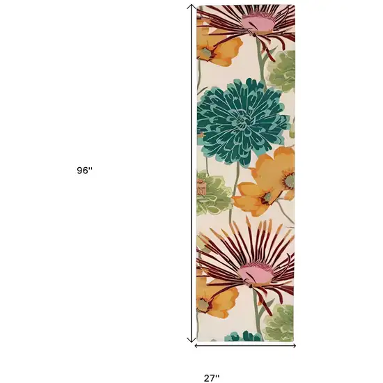 8' Ivory Red and Orange Floral Hand Carved Handmade Runner Rug Photo 7