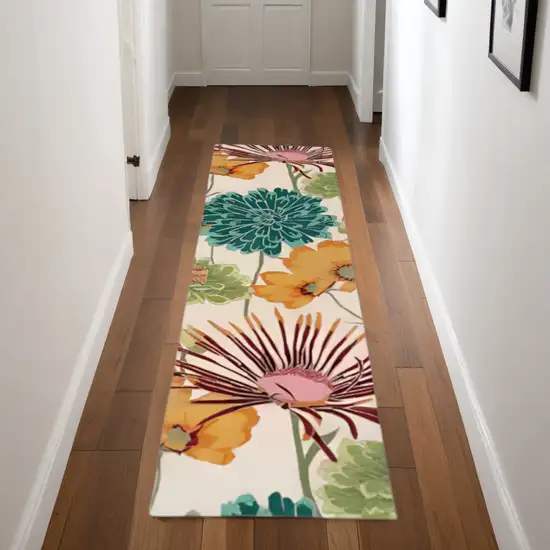 8' Ivory Red and Orange Floral Hand Carved Handmade Runner Rug Photo 2