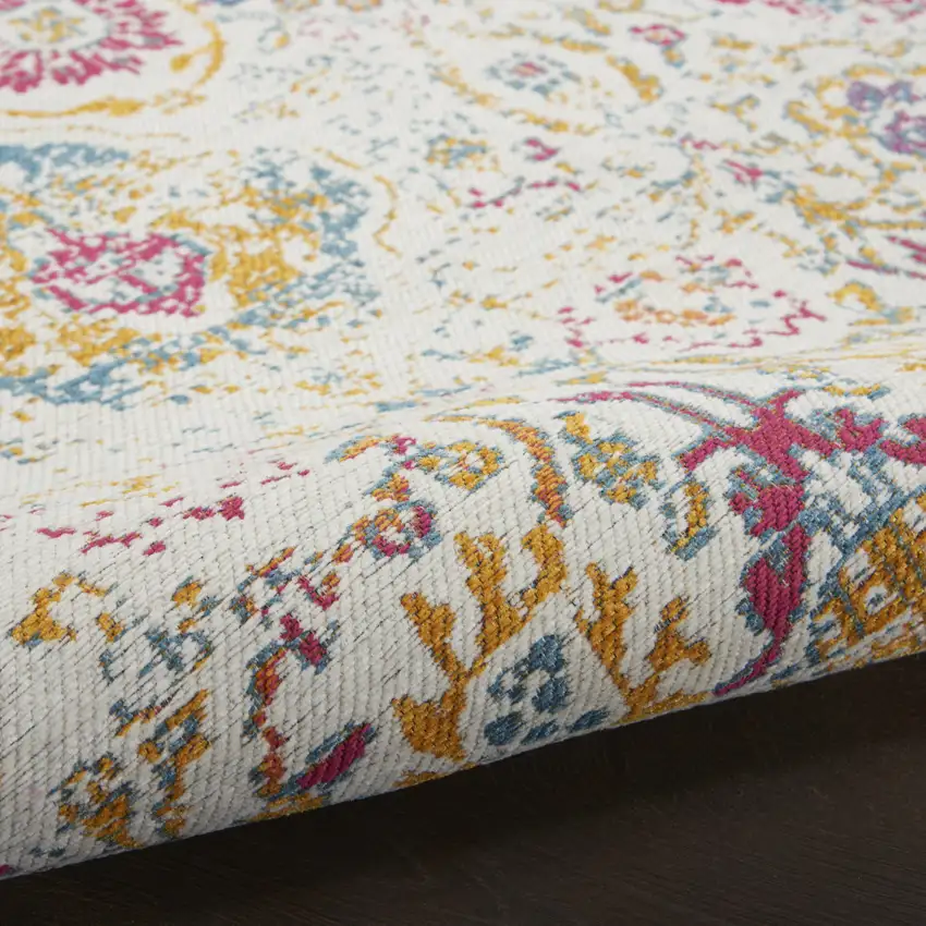 8' Ivory Red and Yellow Damask Distressed Runner Rug Photo 6