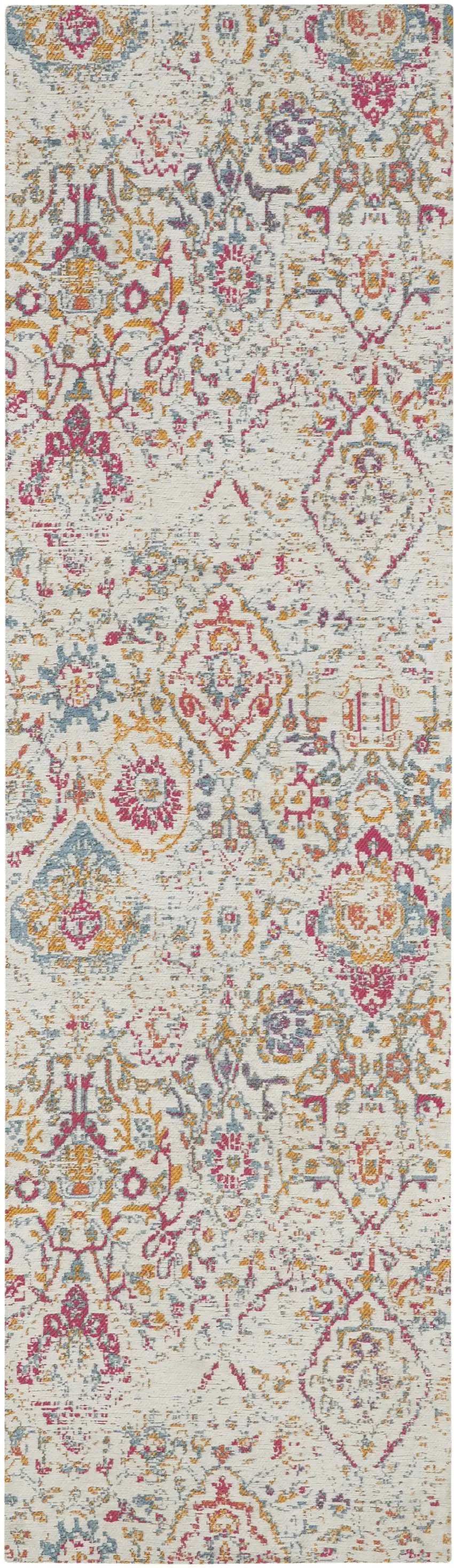 8' Ivory Red and Yellow Damask Distressed Runner Rug Photo 2