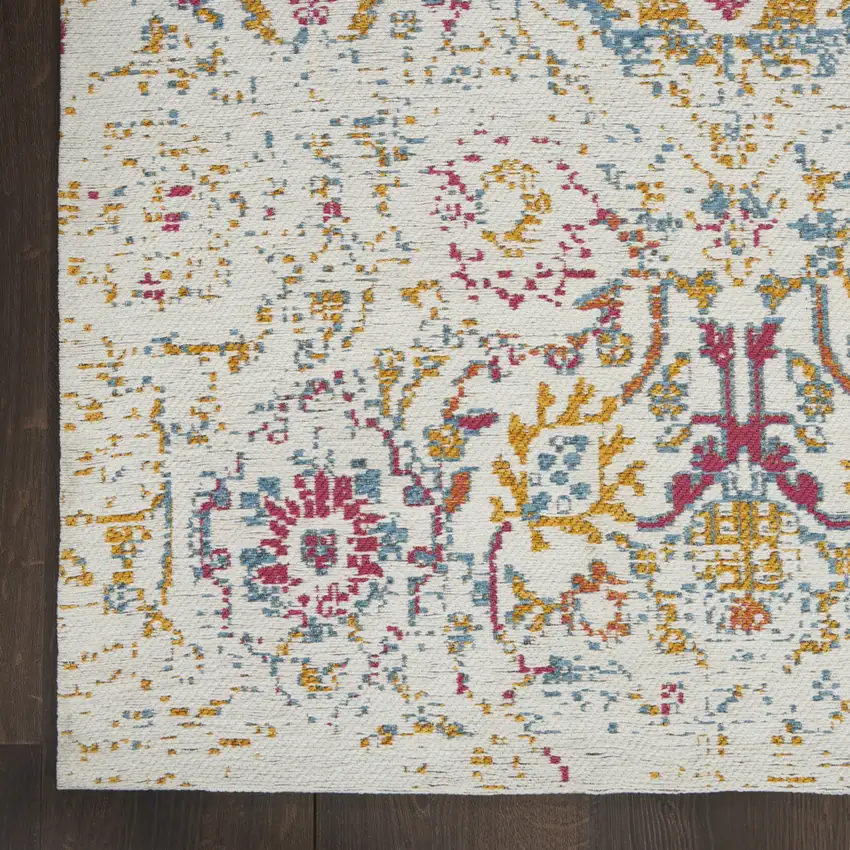 8' Ivory Red and Yellow Damask Distressed Runner Rug Photo 4