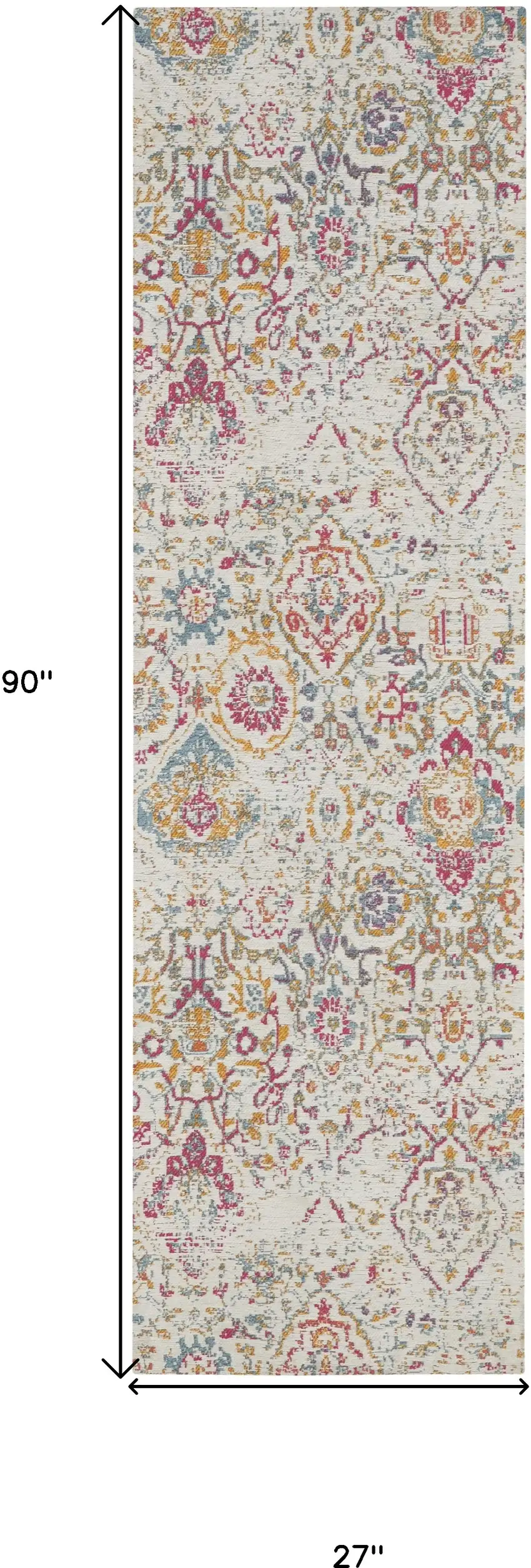 8' Ivory Red and Yellow Damask Distressed Runner Rug Photo 3