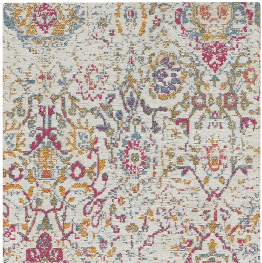 8' Ivory Red and Yellow Damask Distressed Runner Rug Photo 8
