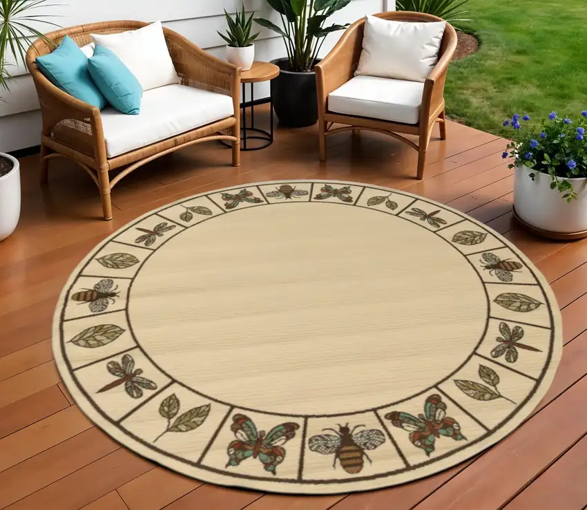 Brown and Ivory Round Abstract Stain Resistant Indoor Outdoor Area Rug Photo 1