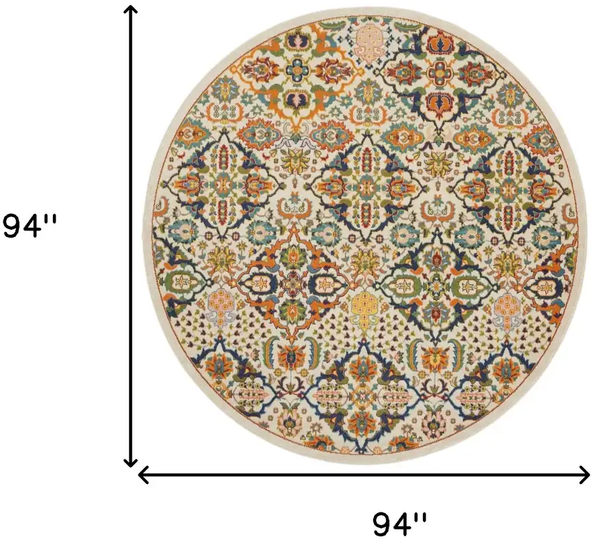 8' Ivory Round Floral Power Loom Area Rug Photo 3